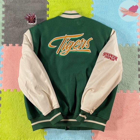 NWOT Ltd. Ed. H&M, Green, Stranger Things Hawkins High Tigers Letterman Jacket - Picture 2 of 13